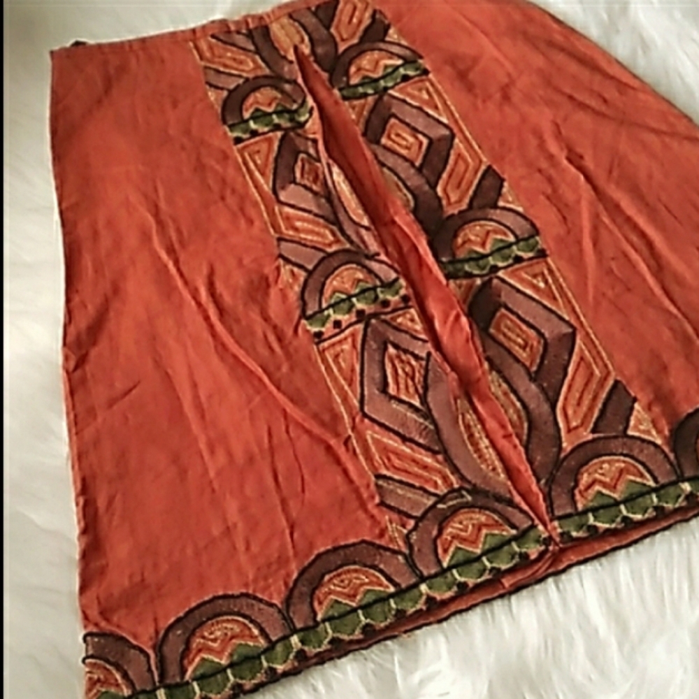 NWT LINEN SKIRT BOHO ORANGE BEADED KNEE LENGHT  A LINE MEDIUM M WOMENS M NWT